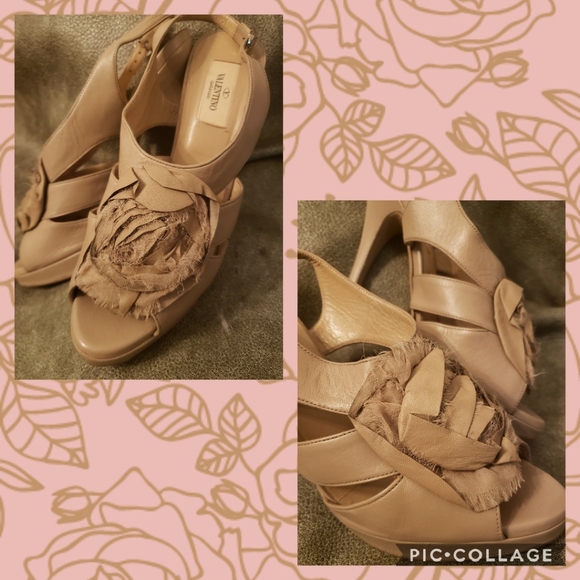 Valentino Beige Leather and Chiffon Rose Heels - Picture 2 of 7